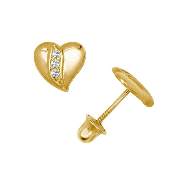 14K Solid Yellow Gold Heart Studs Screw Back Earrings Set With Sparkling Stones - Picture 1 of 4